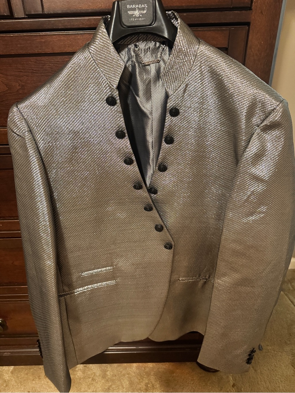 Barabas Men’s Silver Metallic Mandarin Collar Asymmetrical Blazer Suit Jacket